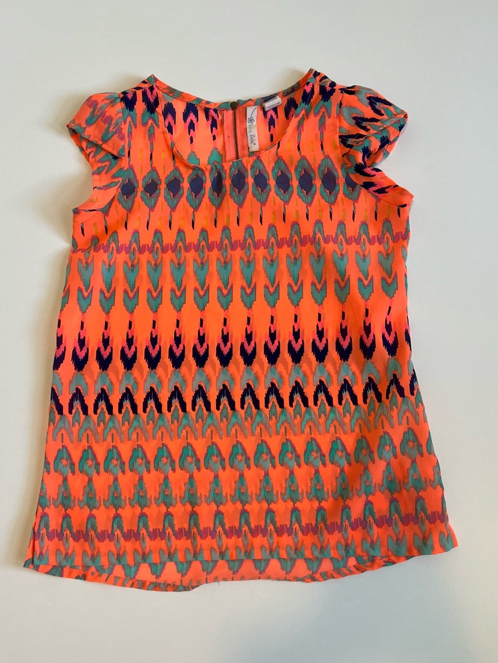Shrinking Violet Neon Orange Ikat Print Cap Sleeve Top